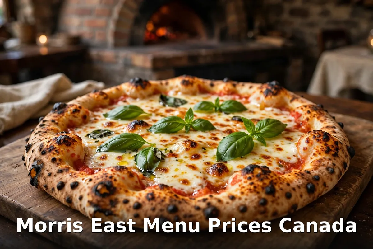 Morris East wood-fired margherita pizza with basil in front of an Italian oven, morris east menu prices canada 2026