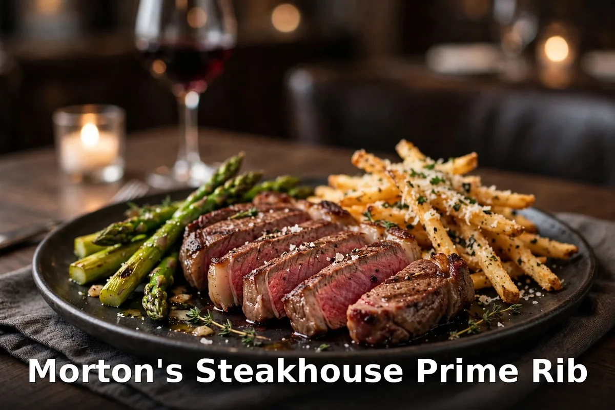 Sliced prime ribeye steak dinner with asparagus and truffle fries at a Toronto steakhouse, Morton's menu prices Canada