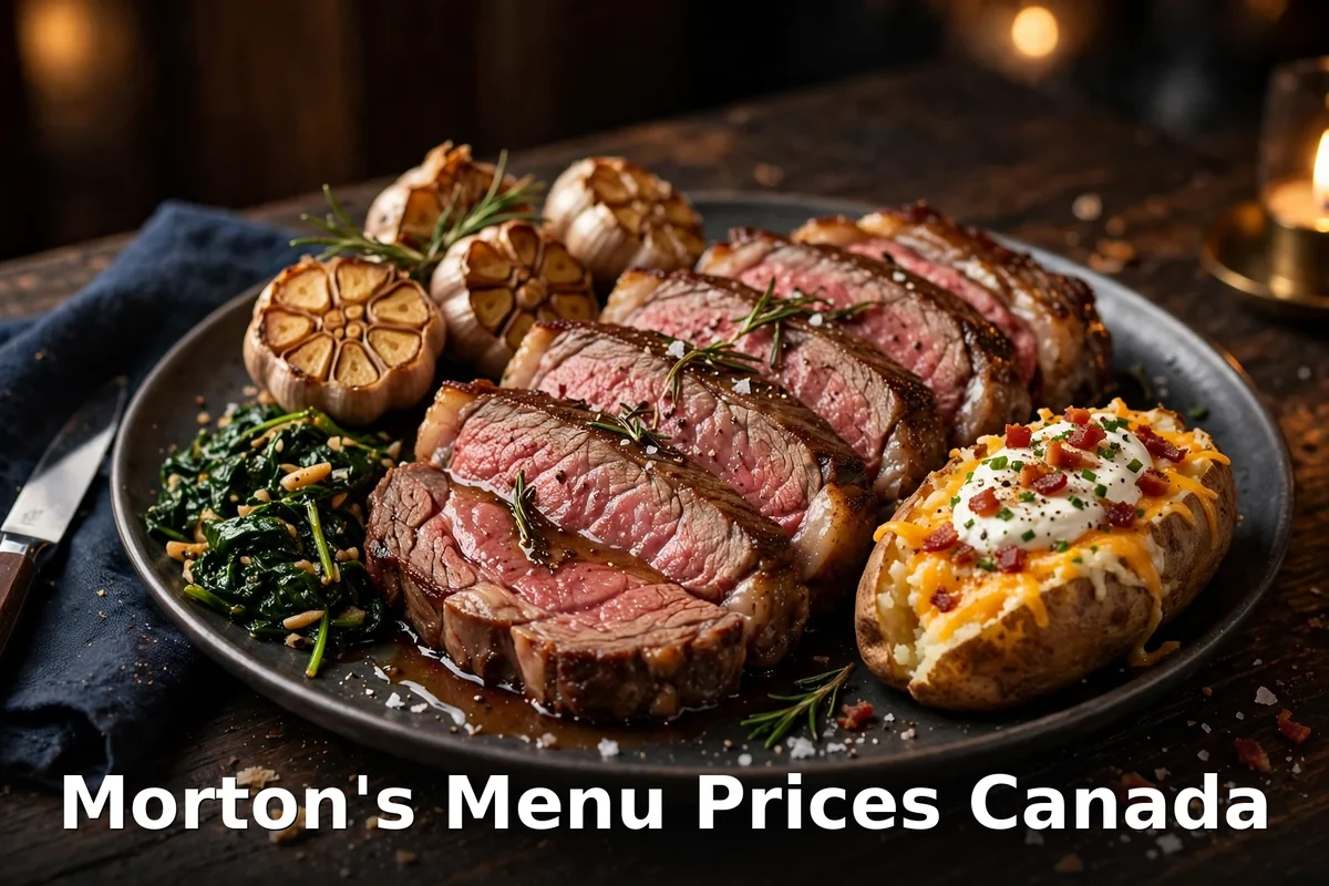 Morton's menu prices Canada 2026 featured: AI-generated prime rib dinner plate with PIL keyword overlay