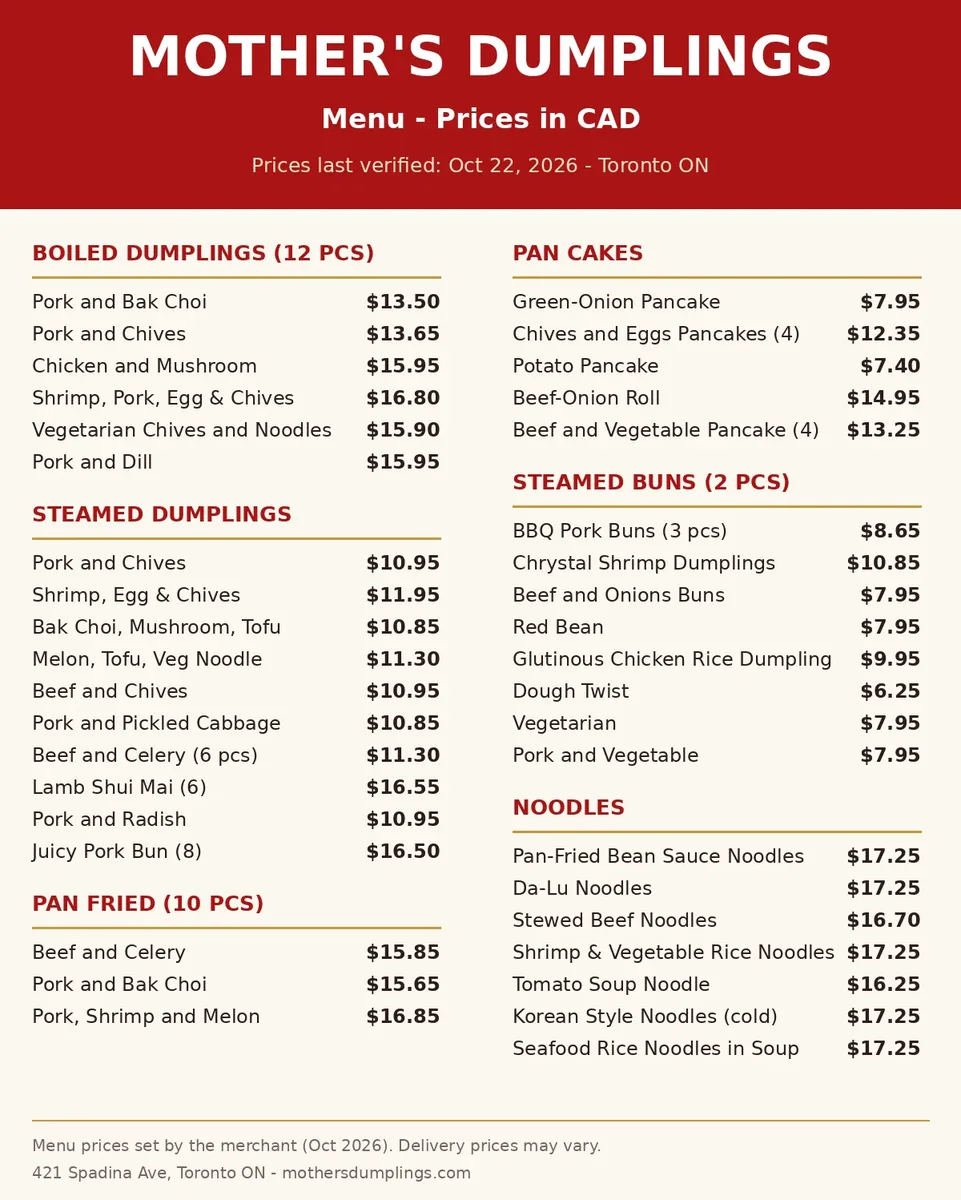 Mother's Dumplings official menu card showing handmade dumpling, pancake, bun and noodle prices in CAD, mothers dumplings menu prices canada