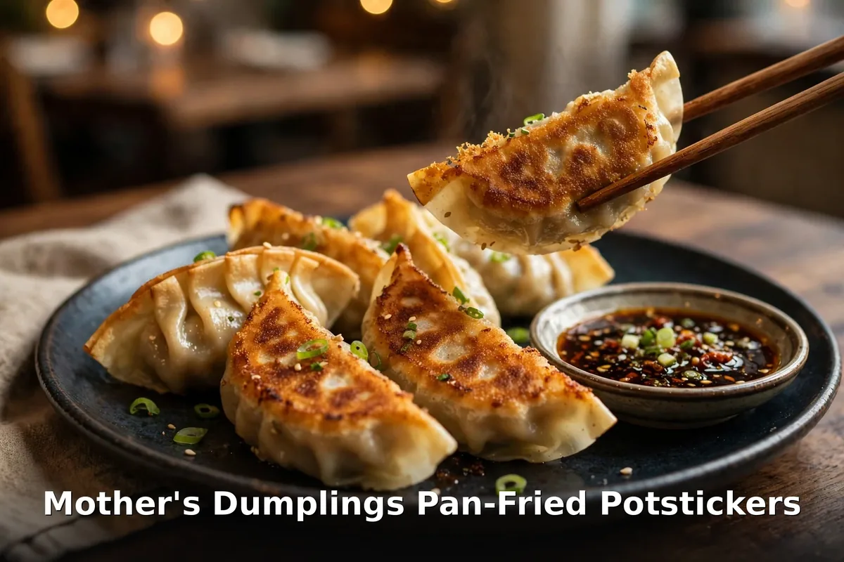 Golden pan-fried potstickers with chili dipping sauce and chopsticks, mothers dumplings menu prices canada