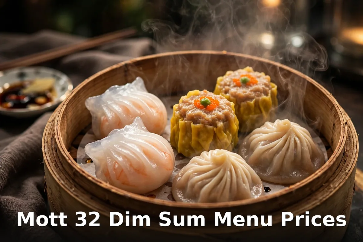 Mott 32 dim sum menu prices: steaming har gow, siu mai and xiao long bao in a bamboo basket