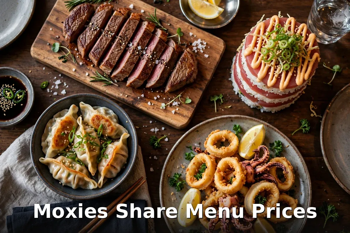 Moxies share menu prices Canada 2026: sliced steak, tuna sushi stack, potstickers and calamari appetizer spread