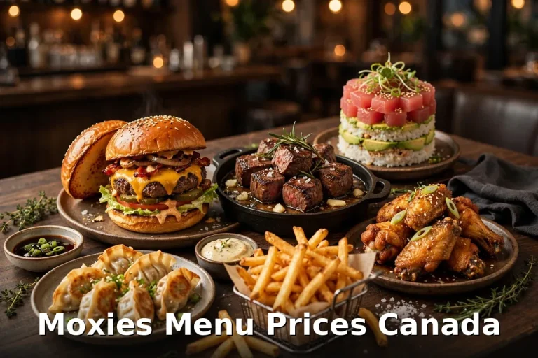 Moxies menu prices Canada 2026: AI-generated premium casual spread with steak bites, cheeseburger, truffle fries, chicken wings and tuna sushi stack