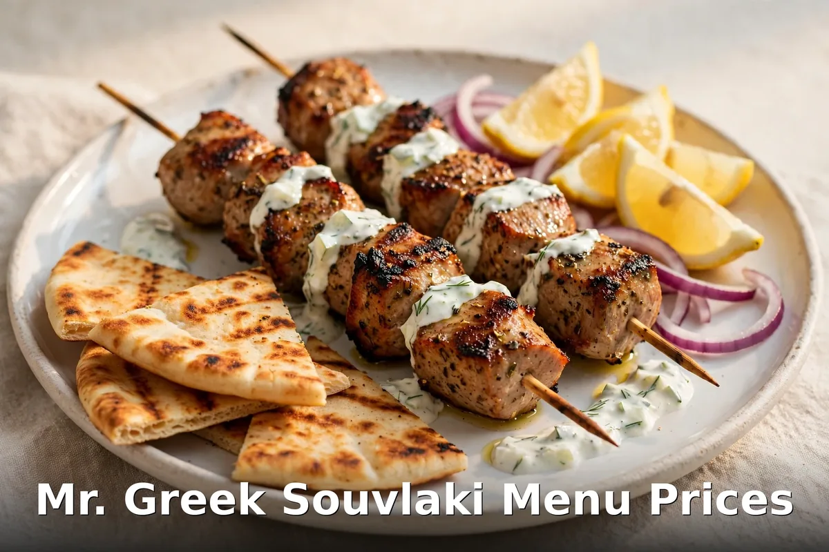 Chicken souvlaki skewers with tzatziki and pita bread, mr. greek souvlaki menu prices