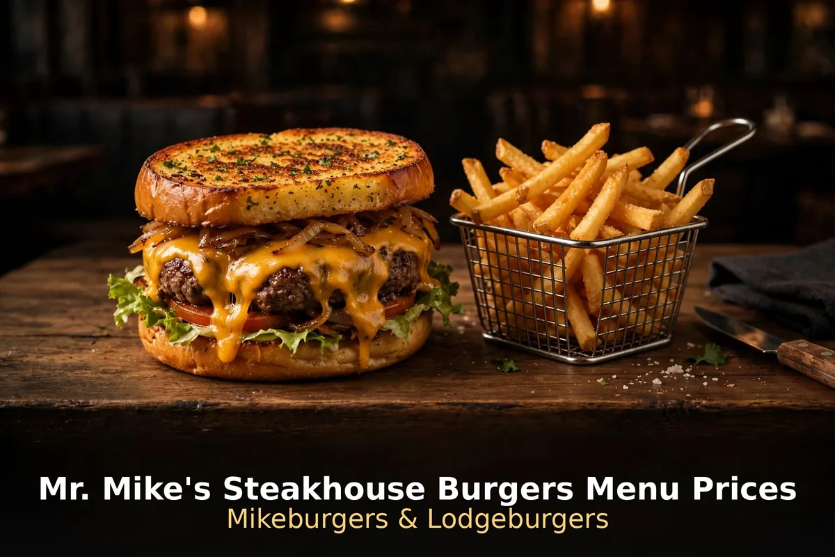 Mr. Mike's Steakhouse burgers menu prices Canada: juicy flame-grilled burger with melted cheese and crispy fries