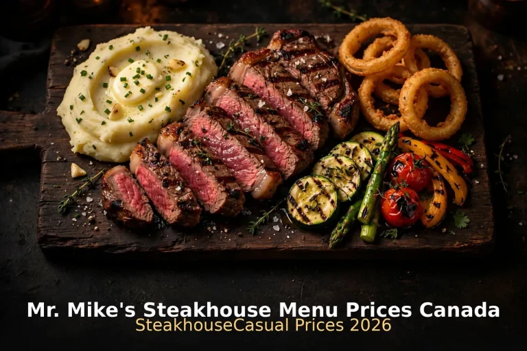 Mr. Mike's Steakhouse menu prices Canada 2026: flame-grilled ribeye steak dinner with mashed potatoes and grilled vegetables