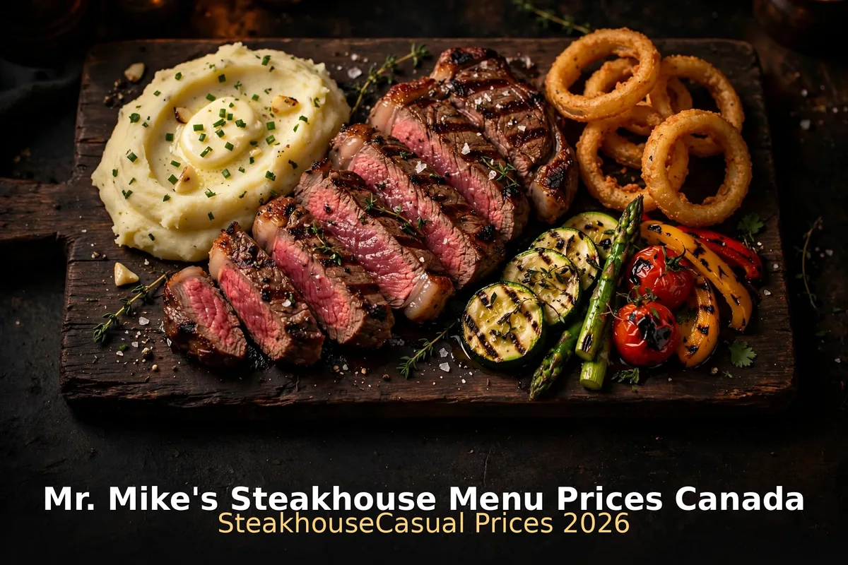 Mr. Mike's Steakhouse menu prices Canada 2026: flame-grilled ribeye steak dinner with mashed potatoes and grilled vegetables