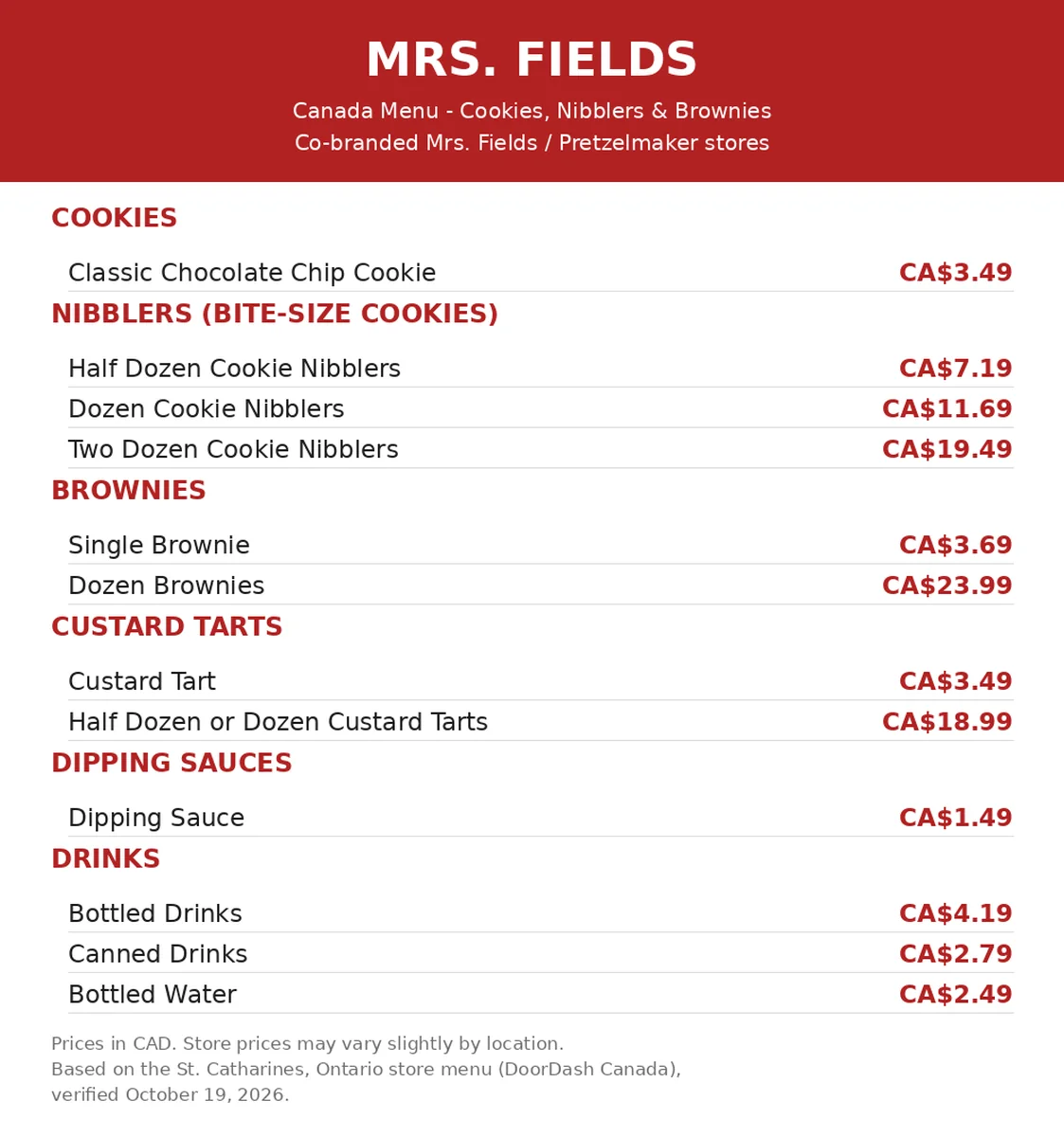 Mrs. Fields menu prices Canada: official current menu card with cookies, nibblers, brownies, custard tarts and drinks