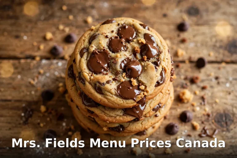 Mrs. Fields menu prices Canada 2026: classic chocolate chip cookie stack
