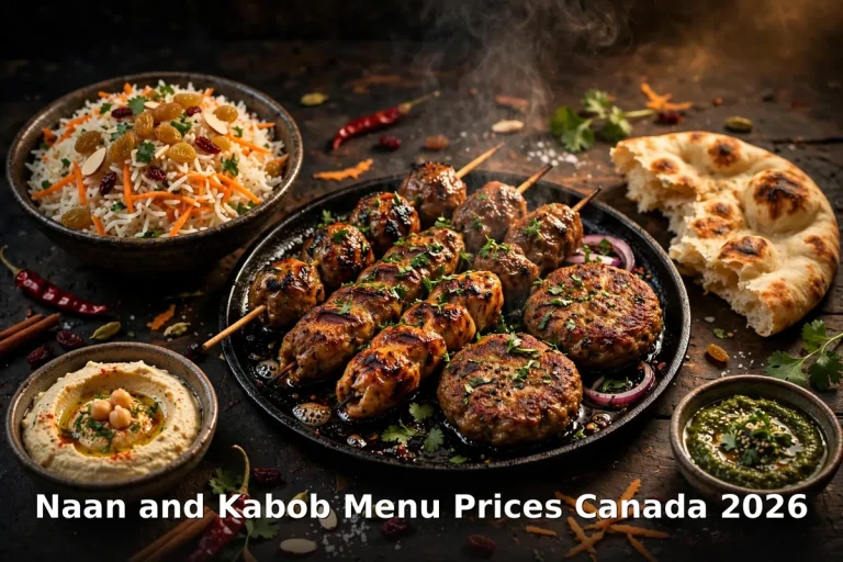 Naan and Kabob menu prices Canada 2026: charcoal-grilled Afghan kabobs with naan and rice