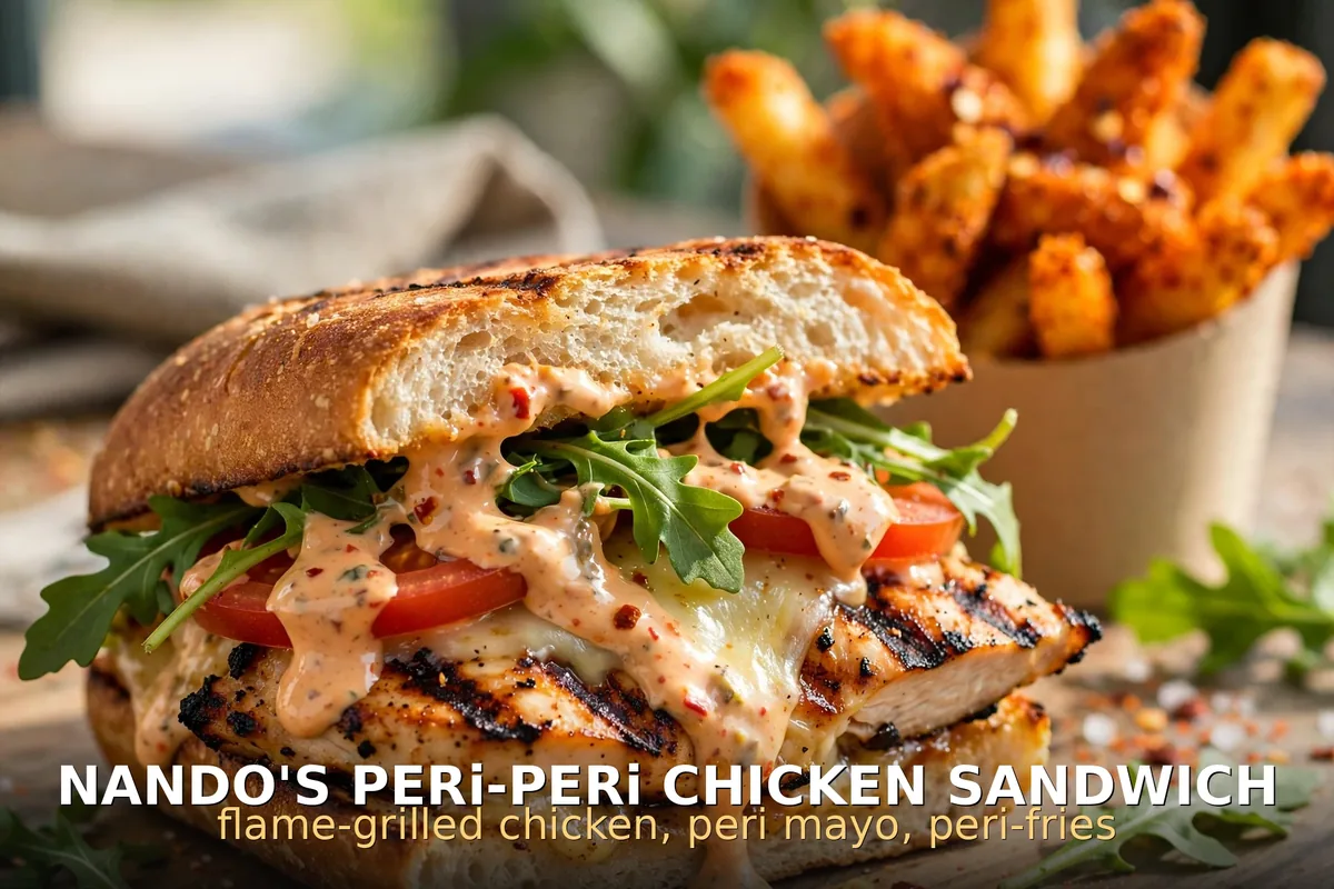 Nando's Canada menu prices 2026: flame-grilled PERi-PERi chicken sandwich with PERinaise and PERi-fries, nandos canada menu prices