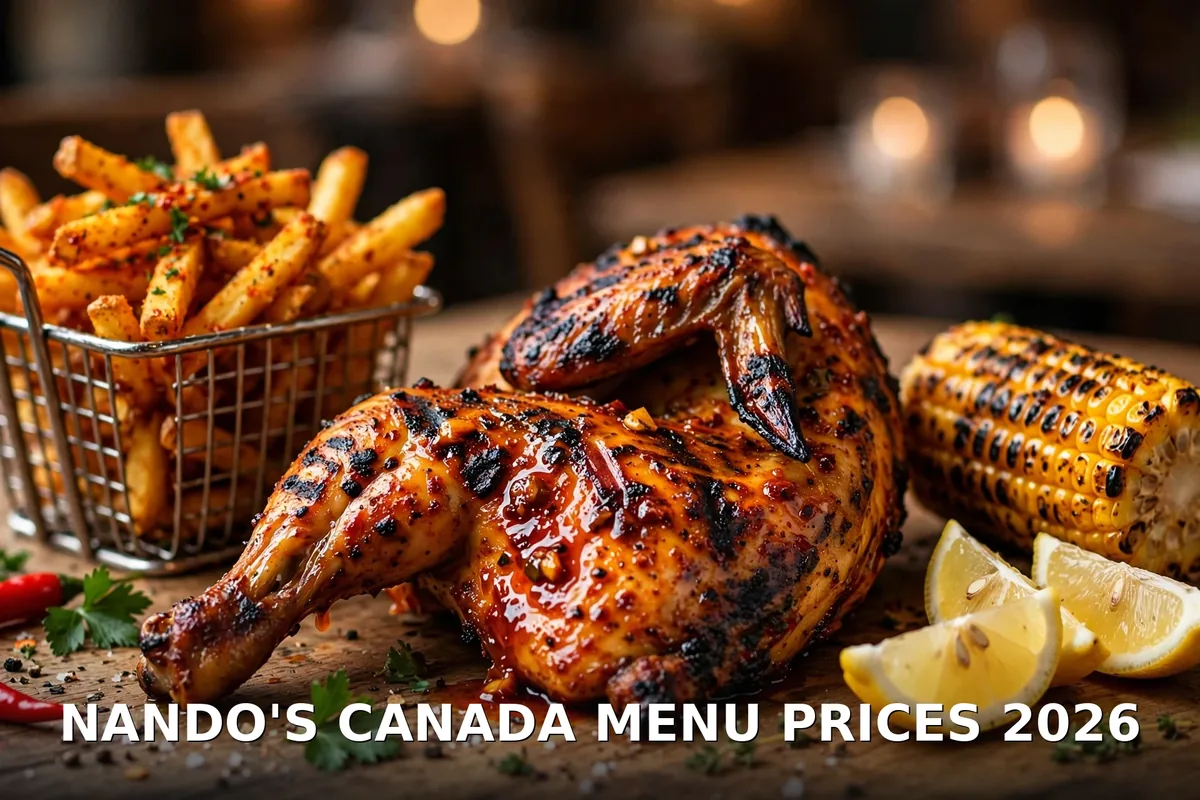 Nando's Canada menu prices 2026: flame-grilled PERi-PERi chicken halves with PERi-fries, nandos canada menu prices