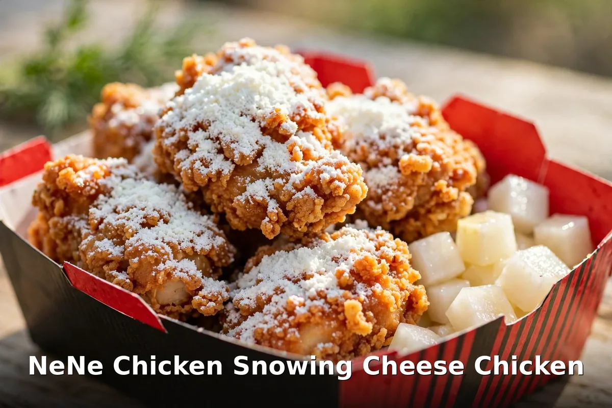 Crispy Korean fried chicken dusted with snowing cheese powder served with pickled radish, nene chicken snowing cheese price canada