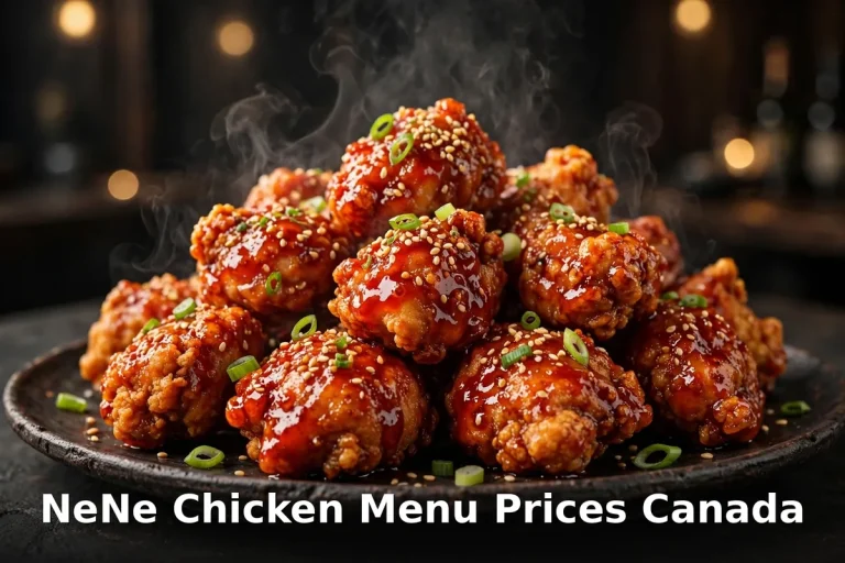 AI-generated crispy Korean fried chicken photo with PIL text overlay, nene chicken menu prices canada 2026