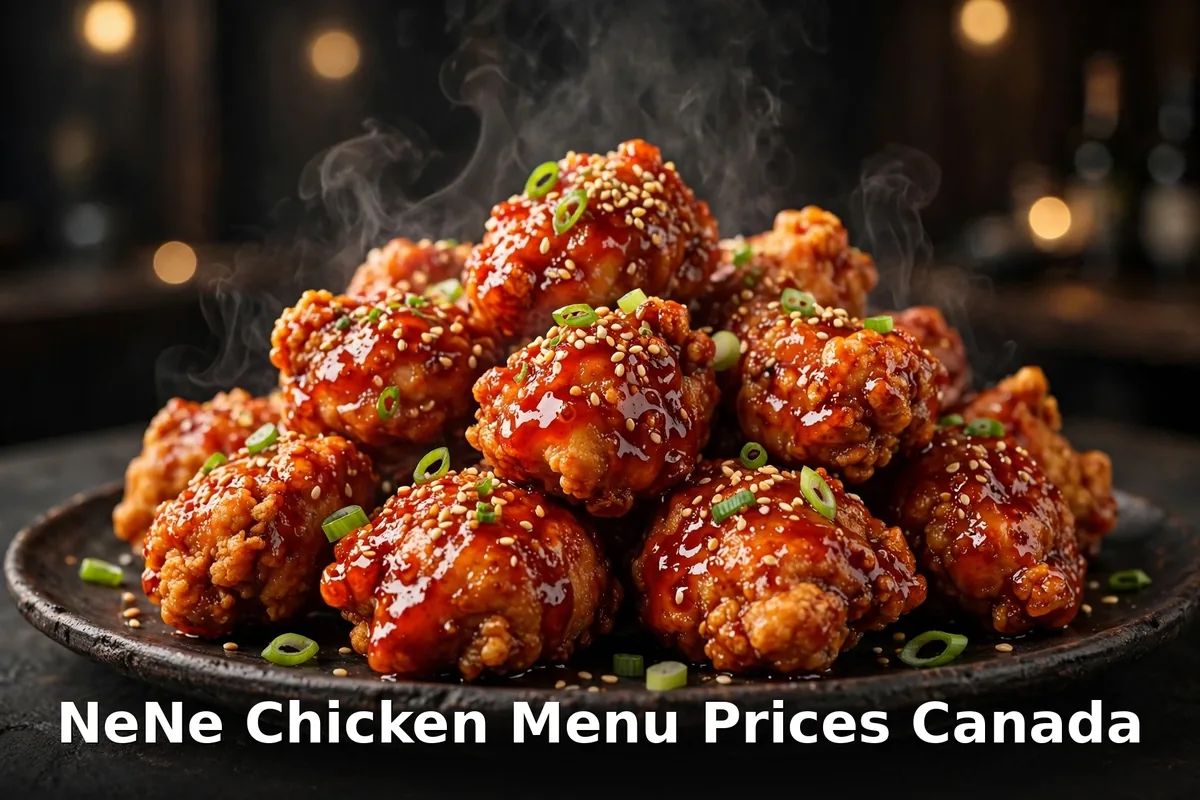 AI-generated crispy Korean fried chicken photo with PIL text overlay, nene chicken menu prices canada 2026