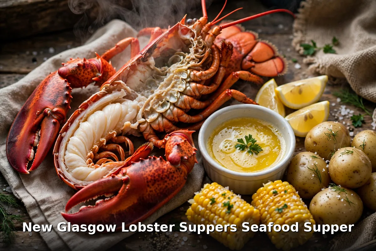AI-generated cracked lobster supper with drawn butter lemon and PEI potatoes, new glasgow lobster suppers seafood menu prices pei