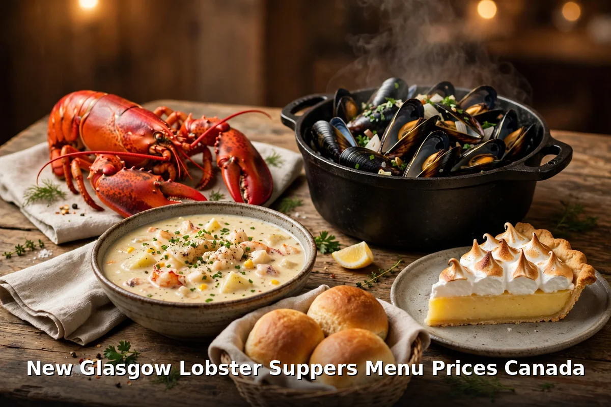 New Glasgow Lobster Suppers menu prices Canada 2026 featured: AI-generated PEI lobster supper spread with PIL keyword overlay "New Glasgow Lobster Suppers Menu Prices Canada"