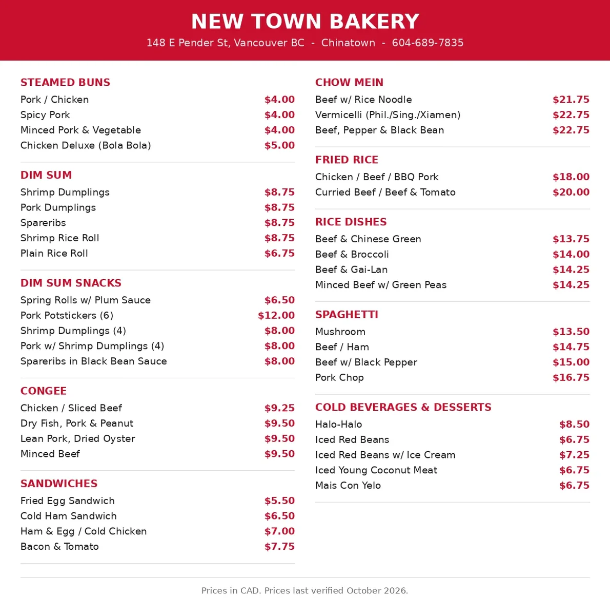 New Town Bakery menu card with current Canadian prices, new town bakery menu prices canada