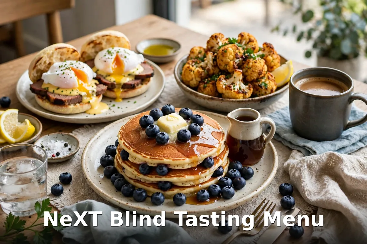 NeXT blind tasting menu, Stittsville brunch and tasting dishes including blueberry pancakes, eggs with smoked meat and roasted cauliflower