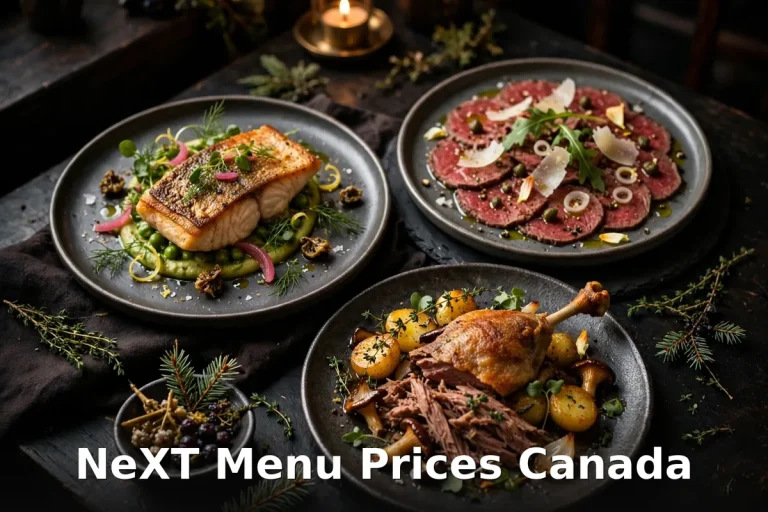NeXT menu prices Canada, Stittsville tasting menu plates with seared salmon, beef carpaccio and duck leg confit in a dark dining room