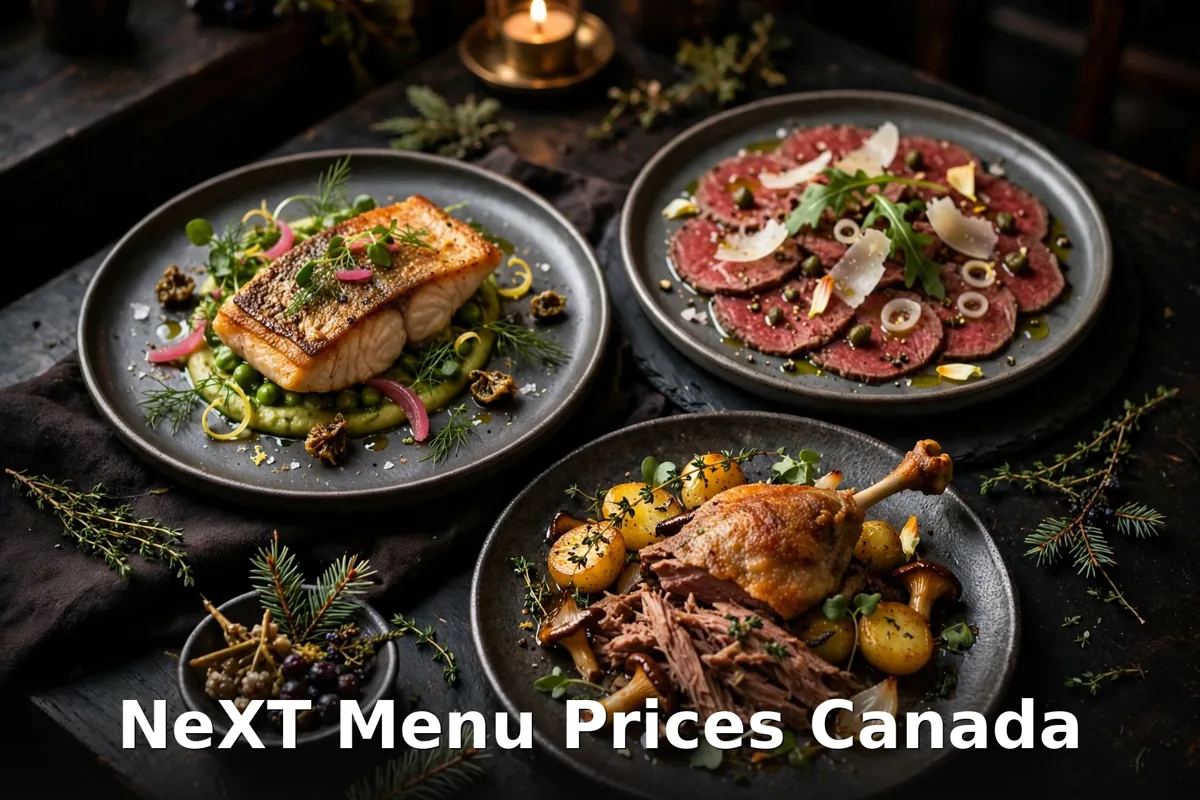 NeXT menu prices Canada, Stittsville tasting menu plates with seared salmon, beef carpaccio and duck leg confit in a dark dining room
