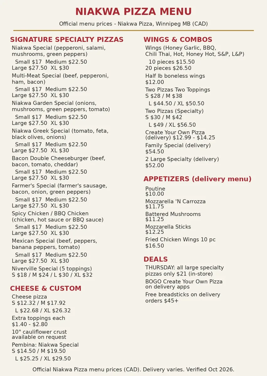 Niakwa Pizza menu prices Canada, current menu card with cheese, specialty and wing prices in CAD