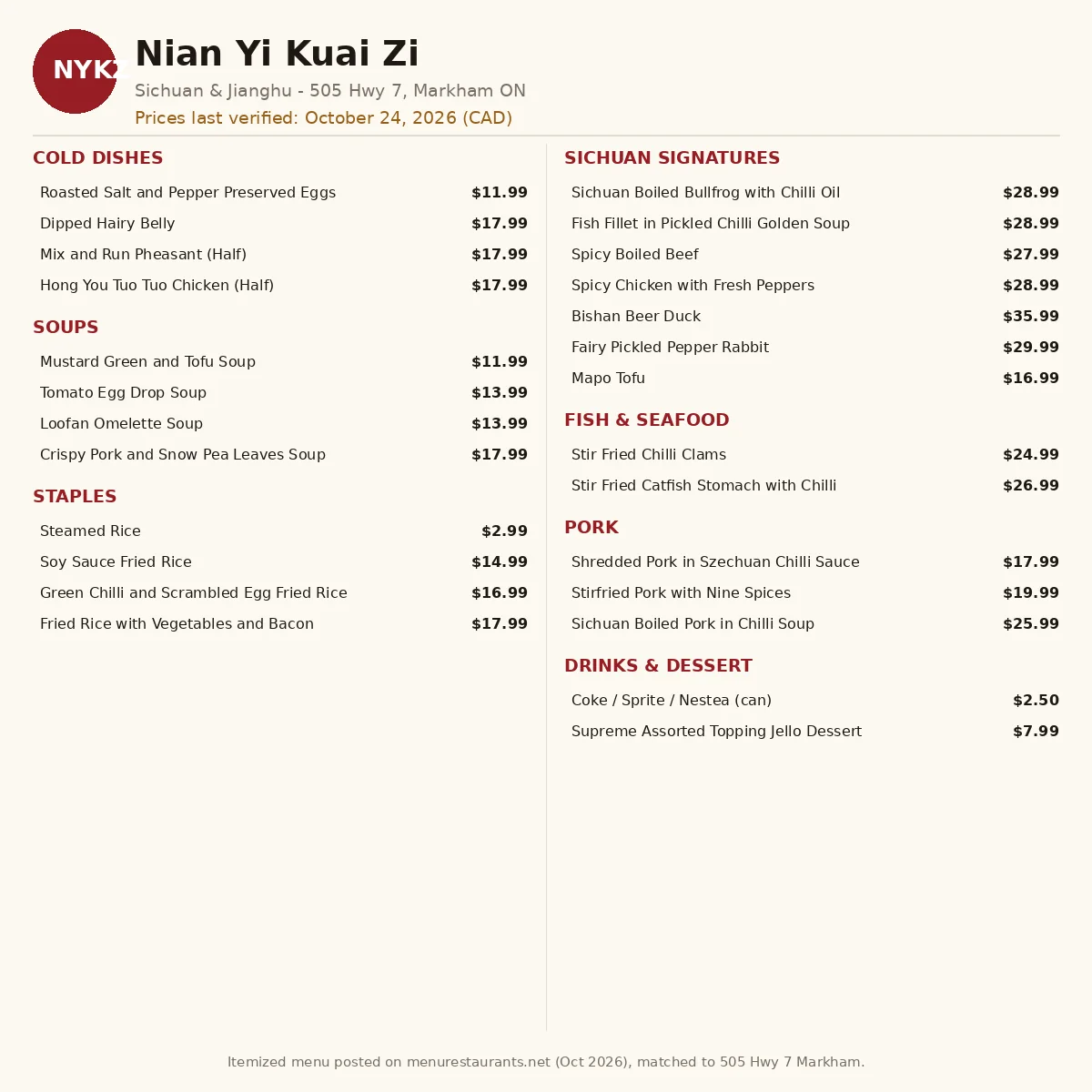 Nian Yi Kuai Zi menu price guide showing Sichuan signature, cold dish and soup prices in CAD, Nian Yi Kuai Zi menu prices Canada
