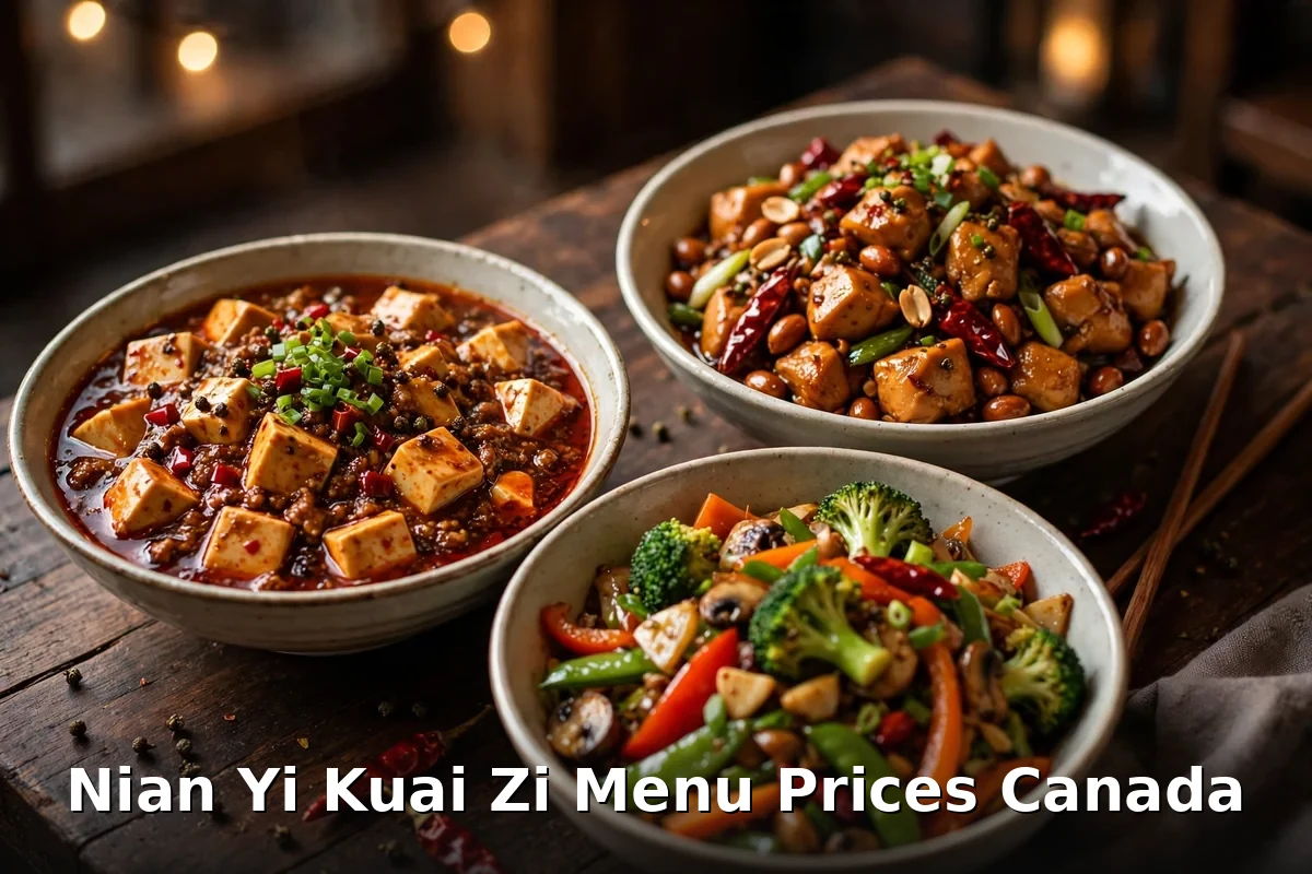 Nian Yi Kuai Zi Sichuan dishes: mapo tofu, kung pao chicken and stir fried vegetables, Nian Yi Kuai Zi menu prices Canada