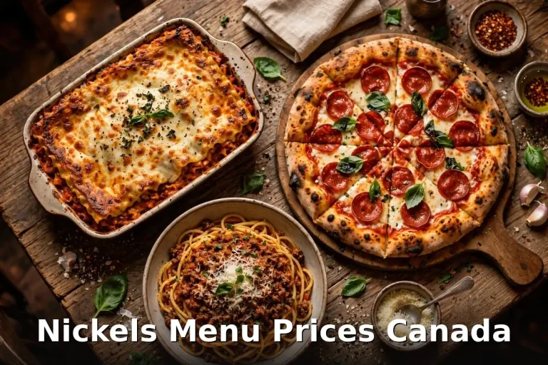 Nickels Menu Prices Canada 2026: Quebec Italian-deli spread of smoked meat, pizza, pasta and poutine on a restaurant table
