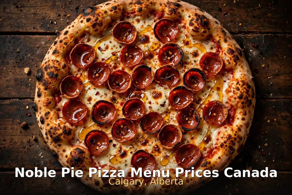 Appetizing cupped-pepperoni 18-inch New York-style pizza on a wooden table at Noble Pie Pizza Calgary, noble pie pizza menu prices canada 2026
