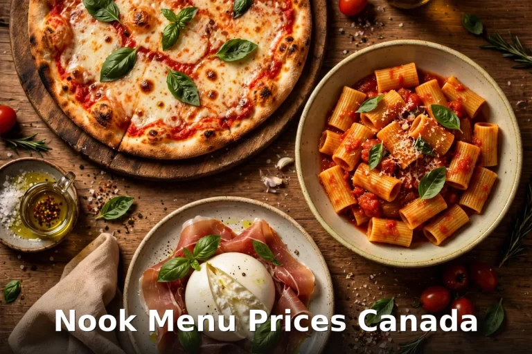 Nook Vancouver menu prices Canada 2026 featured: AI-generated Italian pizza and pasta dinner table with PIL keyword overlay