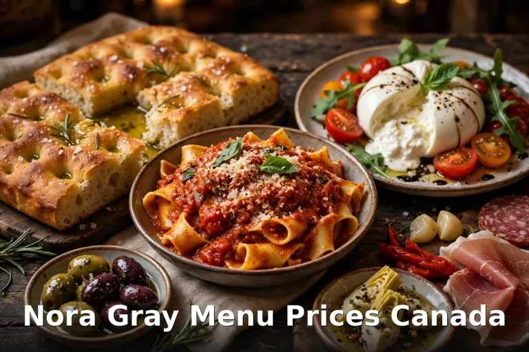 AI-generated Italian food spread with pasta alla Norma and focaccia at Nora Gray, nora gray menu prices canada 2026