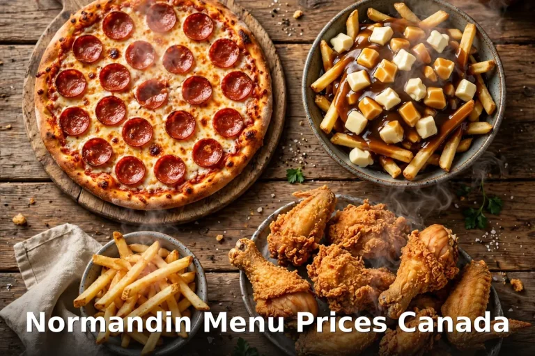 Normandin Menu Prices Canada 2026: Quebec family-restaurant spread with pepperoni pizza, poutine, fried chicken and fries on a rustic wooden table