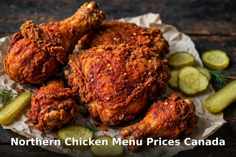 northern chicken menu prices canada 2026: crispy Nashville-style hot fried chicken pieces with pickle slices on dark wood, northern chicken menu prices canada