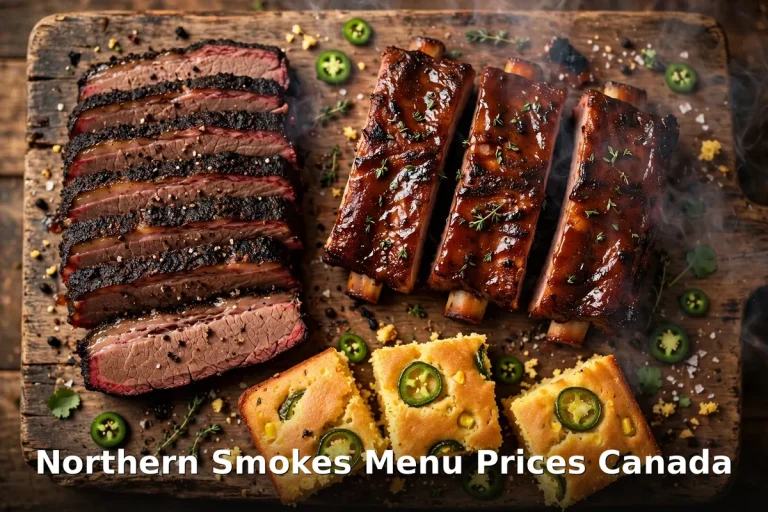Northern Smokes menu prices Canada - smoked brisket, glazed ribs and jalapeno cornbread on a wooden board, northern smokes menu prices