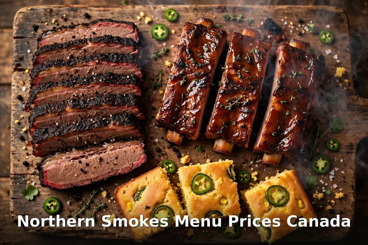 Northern Smokes menu prices Canada - smoked brisket, glazed ribs and jalapeno cornbread on a wooden board, northern smokes menu prices