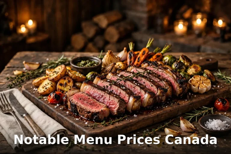 Notable menu prices Canada 2026 featured: AI-generated wood-fired steak spread with PIL keyword overlay