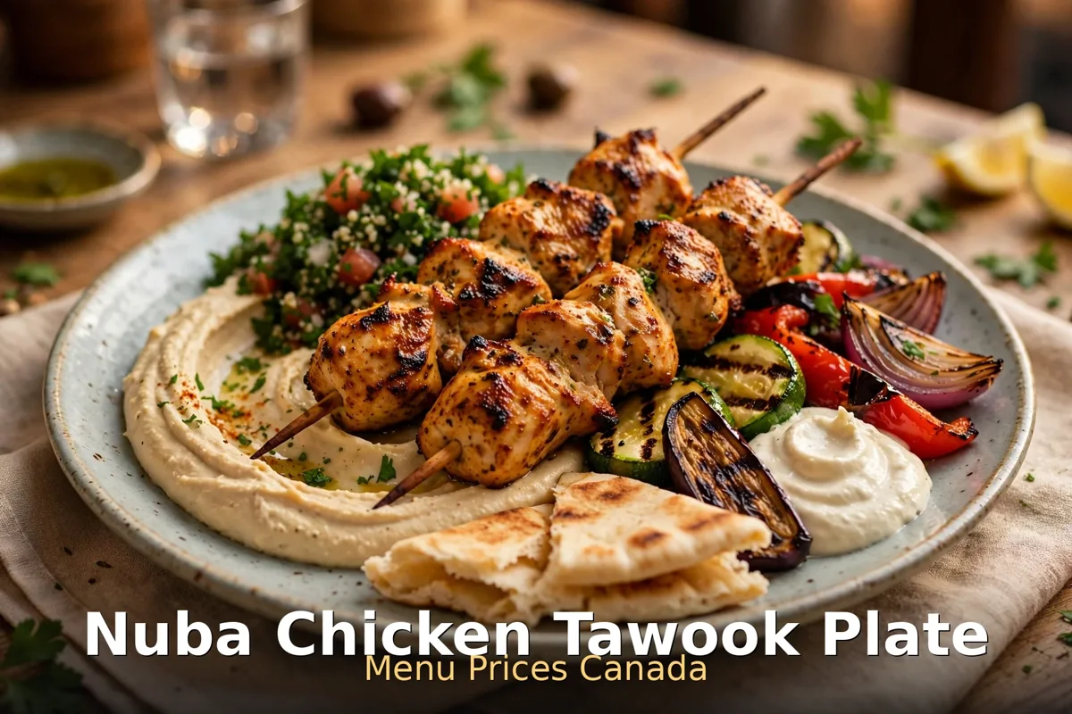 Nuba chicken tawook plate price Canada: grilled chicken skewers with hummus and rice