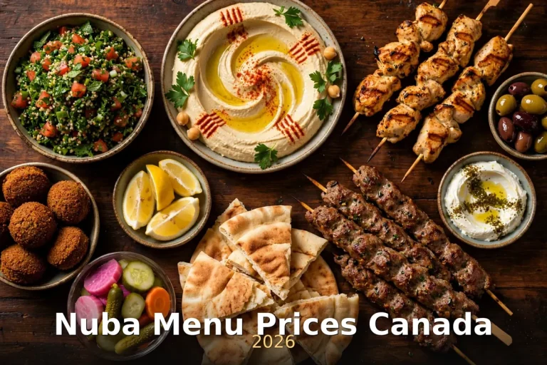 Nuba menu prices Canada 2026: Lebanese mezze spread with hummus, falafel and grilled skewers