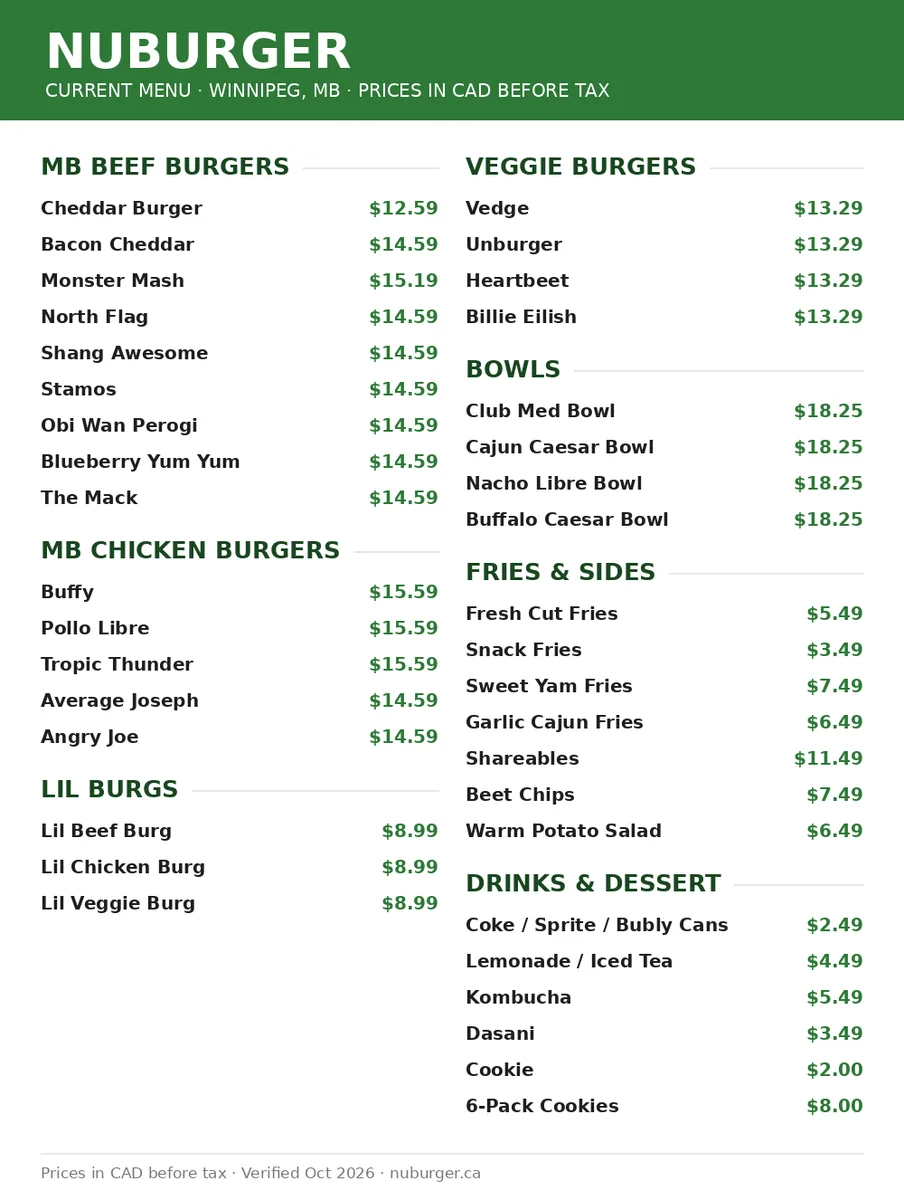 Nuburger menu prices Canada: official current online menu card with beef, chicken and veggie burger prices in CAD
