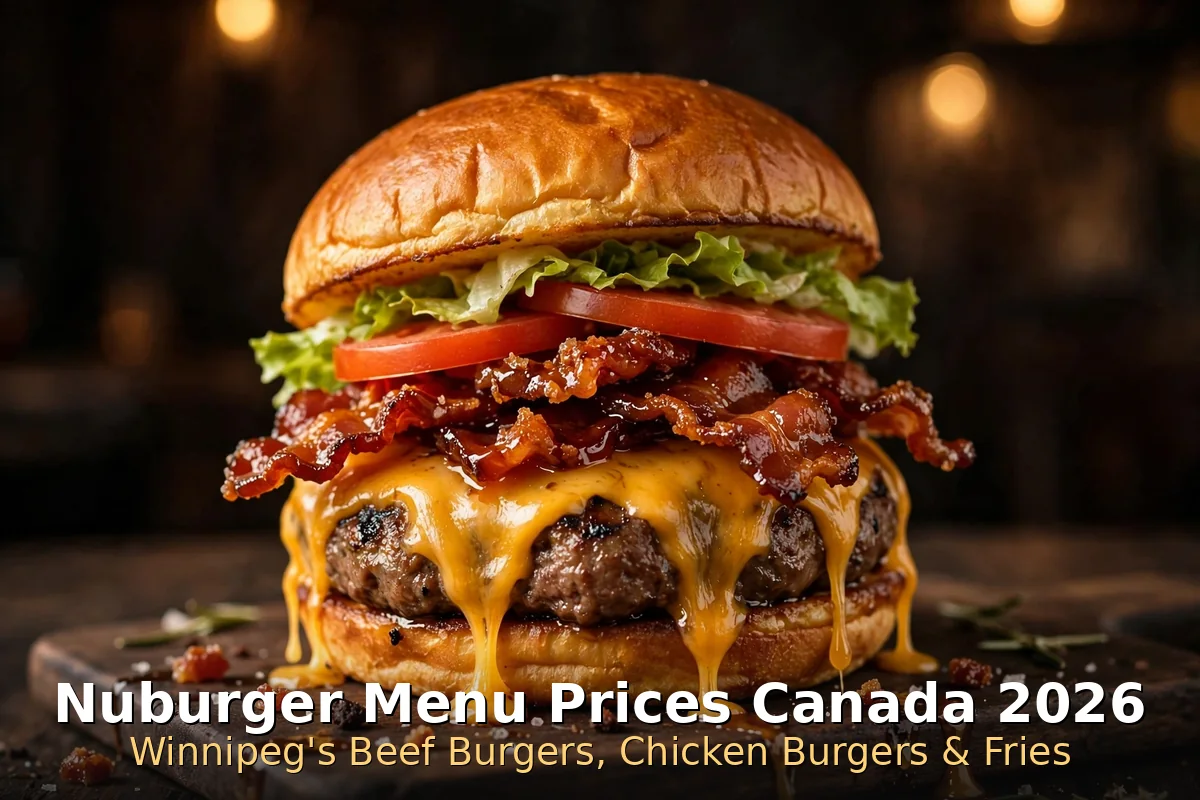 Nuburger menu prices Canada 2026: stacked gourmet beef burger with melted cheddar and golden fries, keyword overlay