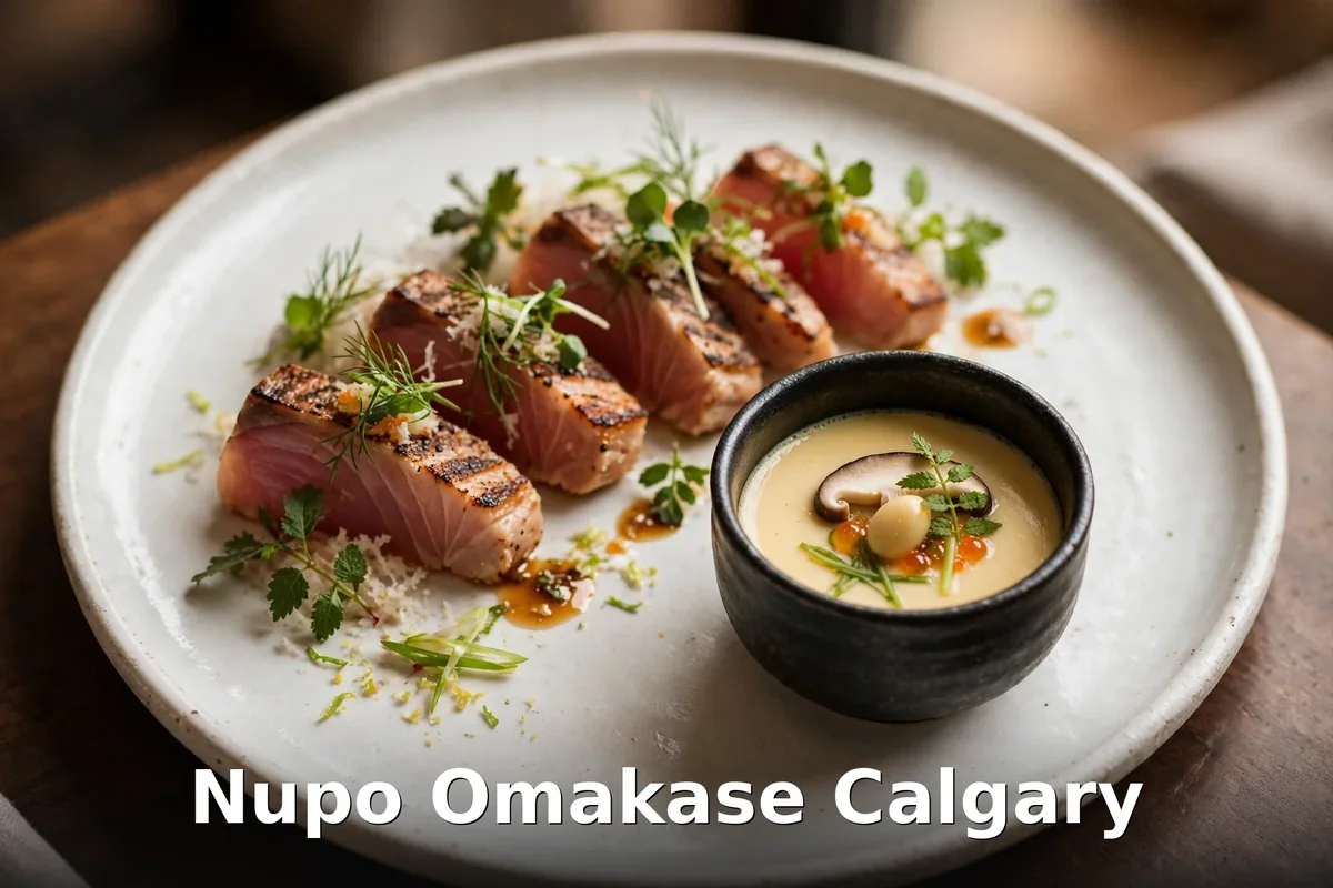 Nupo Omakase Calgary, seared tuna and chawanmushi style tasting plates on a white plate