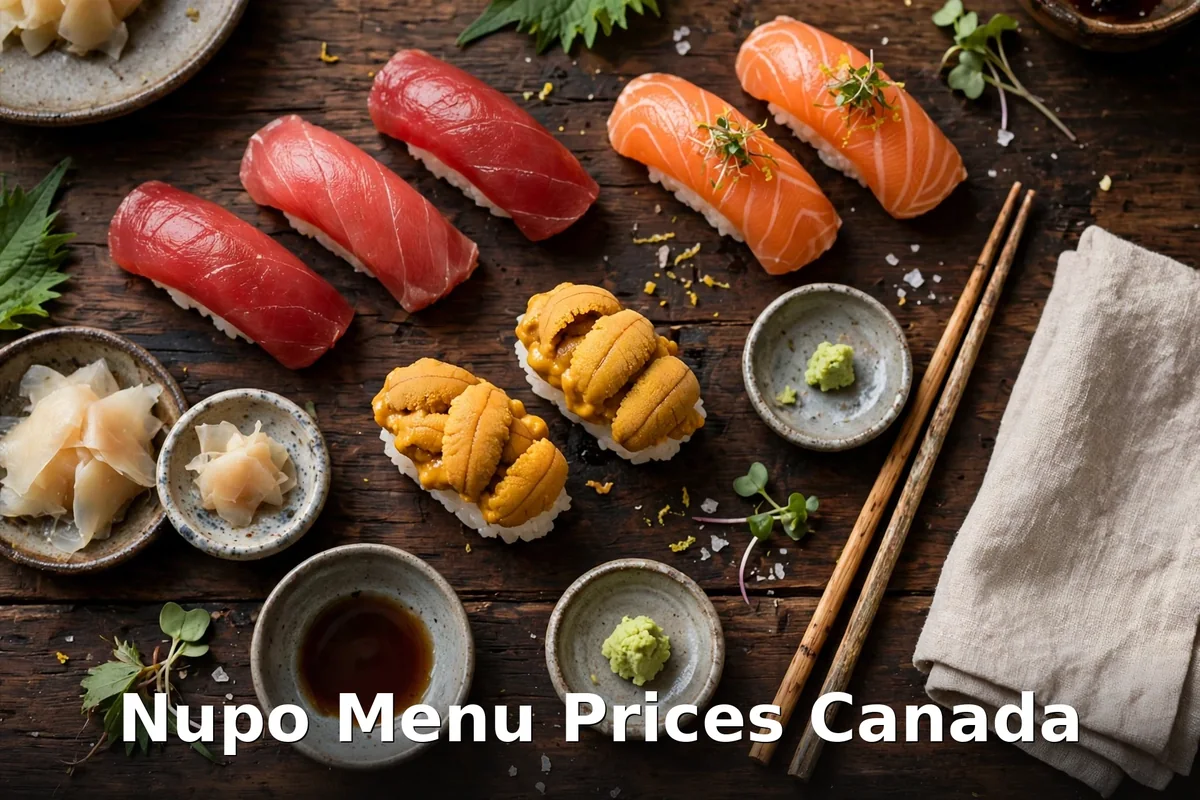 Nupo menu prices Canada, Calgary Japanese omakase sushi and uni nigiri on a dark wooden table