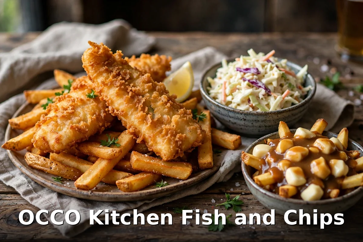 OCCO Kitchen fish and chips prices Canada, beer battered cod with herbed fries, coleslaw and poutine at the Ottawa gastropub