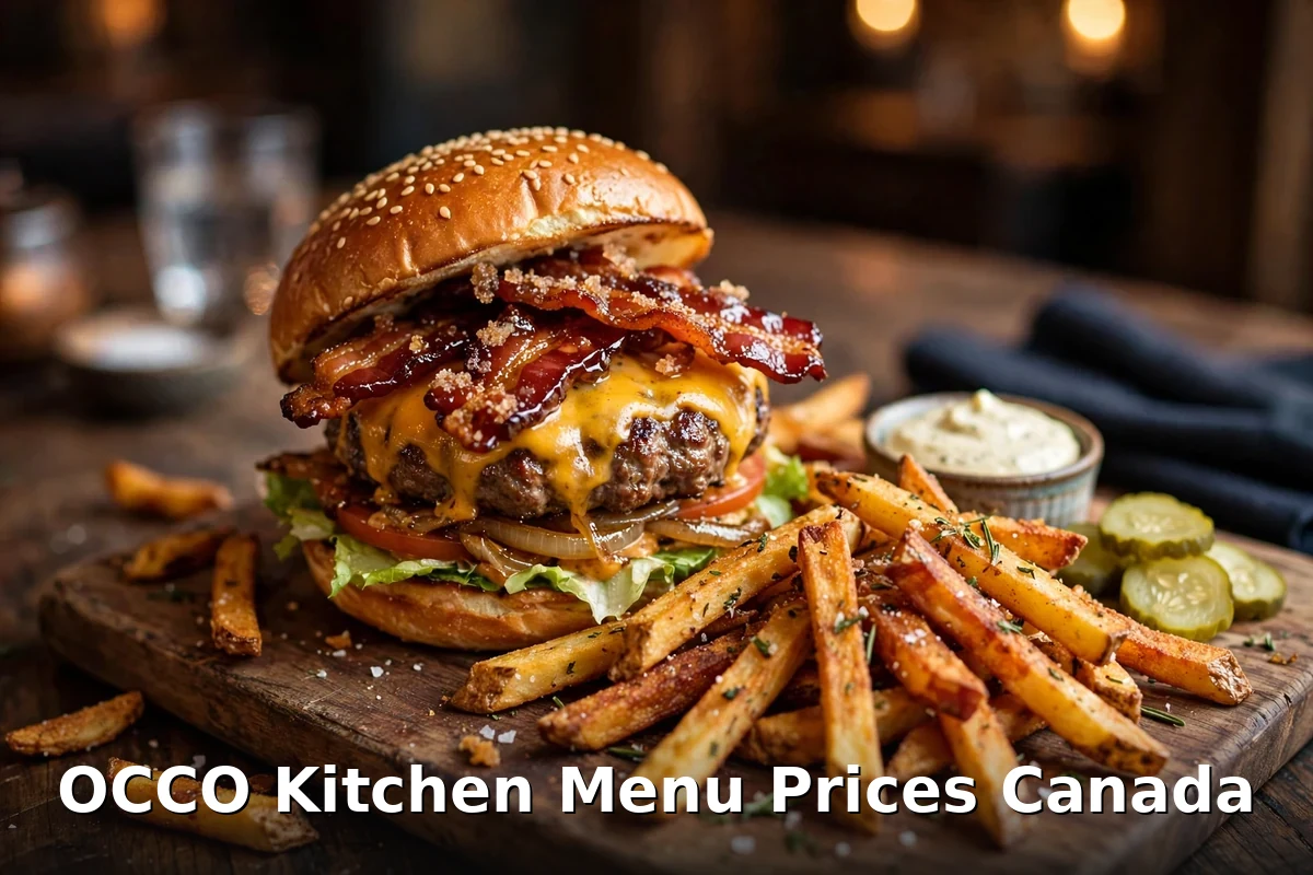 OCCO Kitchen menu prices Canada, Ottawa gastropub burger with candied bacon, fries and pickles