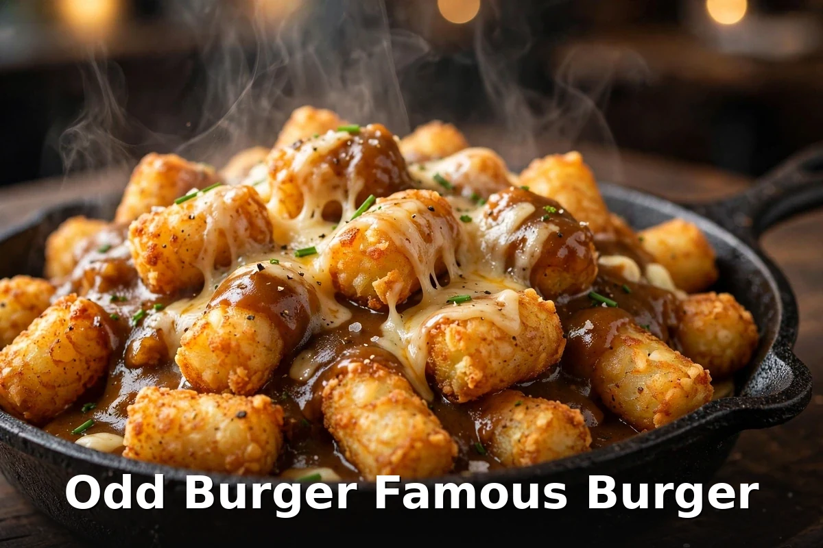 odd burger menu prices, Odd Burger Famous Burger with tater tot poutine, crispy tots, gravy and dairy-free cheeze