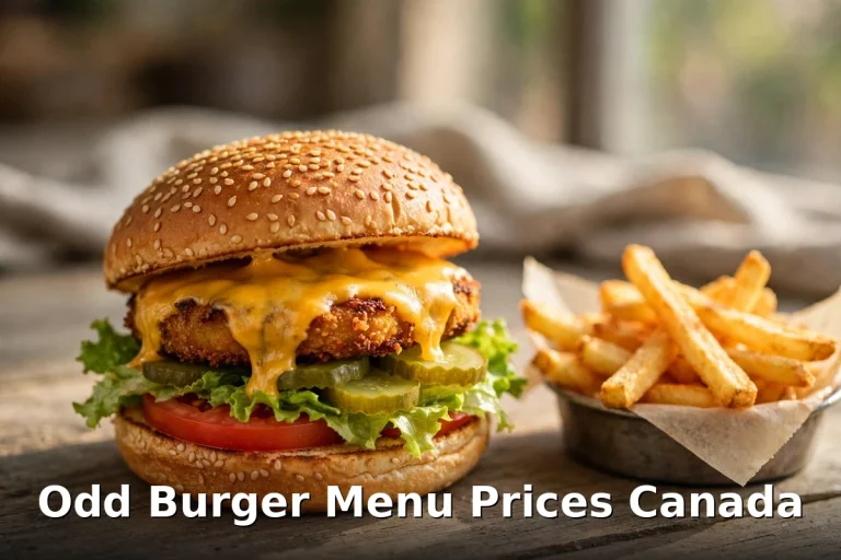 Odd Burger menu prices Canada 2026: AI-generated vegan cheeseburger with plant-based patty and fries, Odd Burger Famous Burger
