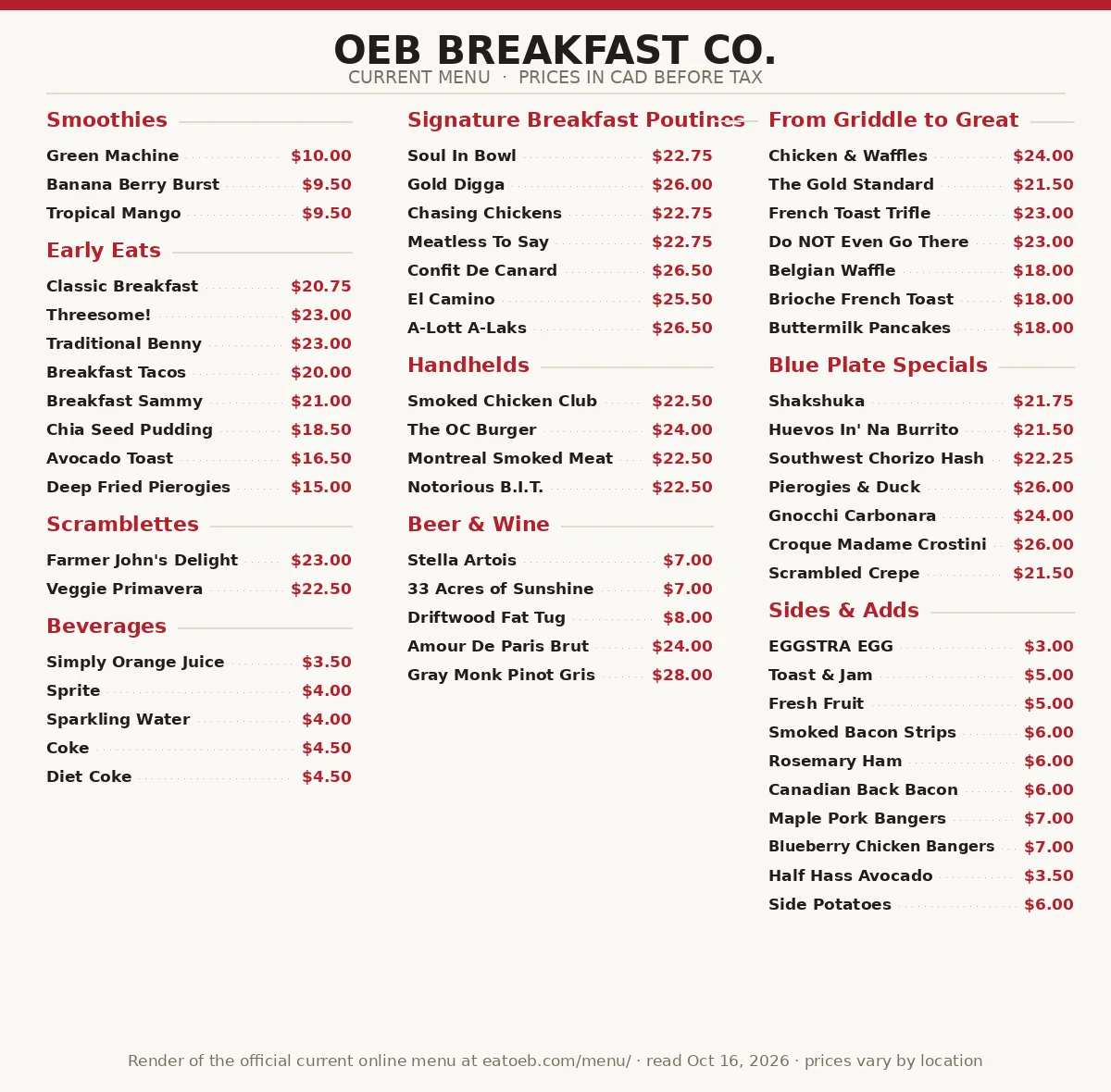 OEB Breakfast Co. menu prices Canada official menu card with 2026 CAD prices for breakfast, poutines, handhelds and drinks
