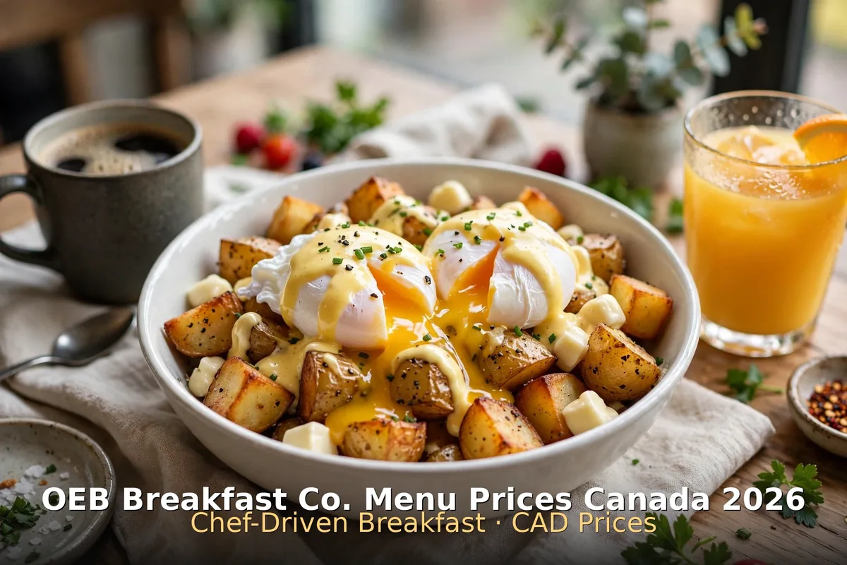 OEB Breakfast Co. menu prices Canada 2026: breakfast poutine bowl with poached eggs and hollandaise